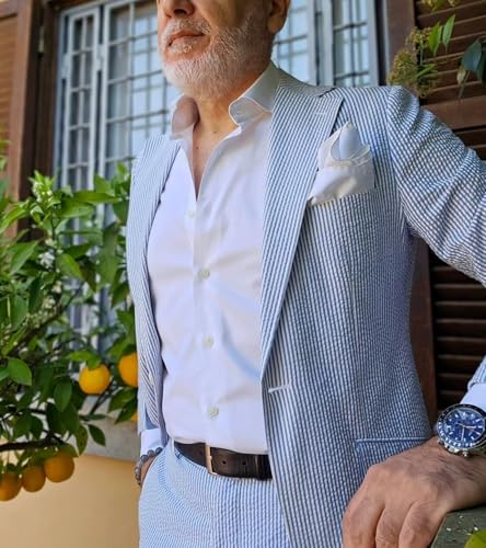 2 Pieces Men's Suits Striped Seersucker Set Slim Fit Mens Jacket Pants Lightweight Set for Casual Summer Beach Wedding2
