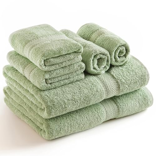 Sweet Needle 6 Piece Towel Set – 2 Bath Towels, 2 Hand Towels and 2 Washcloths Cotton Daily Use Hotel Spa Quality Soft Highly Absorbent Quick Dry Light Weight (Sage Green)