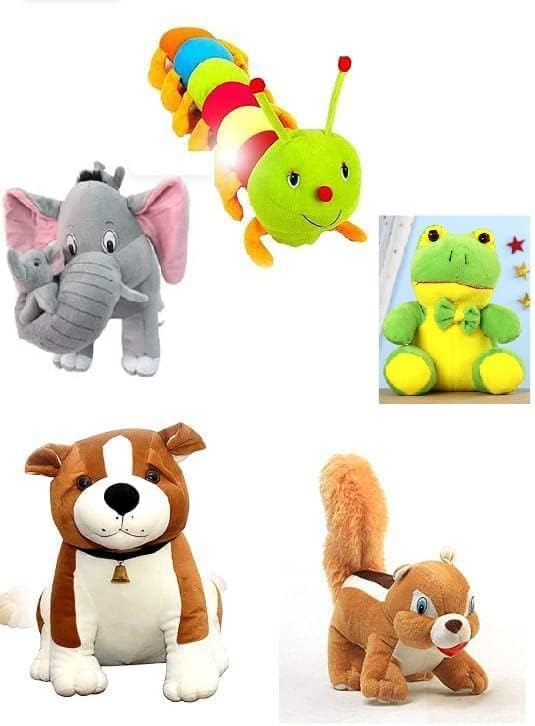 SR SHOP Stuffed Toys | for Kids Cute Toys | Kids Playing | All Best Stuff Toys for Kids | Elephant with Baby, Caterpillar, Frog, Doggy, Squirrel Stuffed Toys Pack of 5