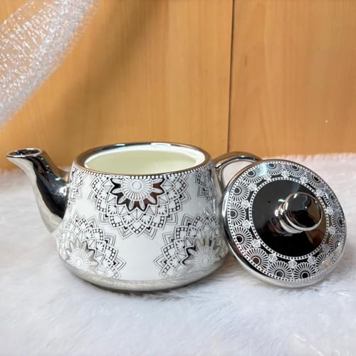 Image of DMRD MART-Porcelain Tea Set with Kettle |Tea Cup Set 7Pc | Aesthetic and Classic Cups Set | Premium Crockery for Home & Gifting with Golden Color Geometric Pattern Design. (Silver Lattice)
