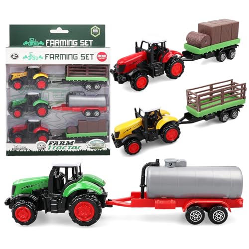VYKOBLO 3-Pack Farm Tractor Toys with Trailers, Diecast Detachable Alloy Farm Vehicle Toys for Kids Ages 3 4 5 6 7 8 Boys Girls, Birthday Party Gifts and Cake Decorations