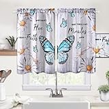 Likiyol Butterfly Kitchen Curtains - Floral Daisy Tier, Farmhouse Gray Cafe Curtains for Cafe, Bathroom, Bedroom - Rod Pocket, 26 x 36 Inches (2 Panels)