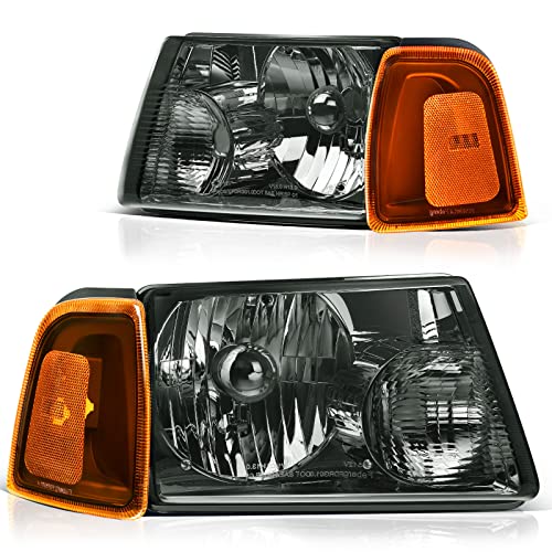 DWVO Headlights Assembly Compatible with 2001-2011 Ford Ranger Headlamp Replacement Chrome Housing Smoke Lens Amber Reflector