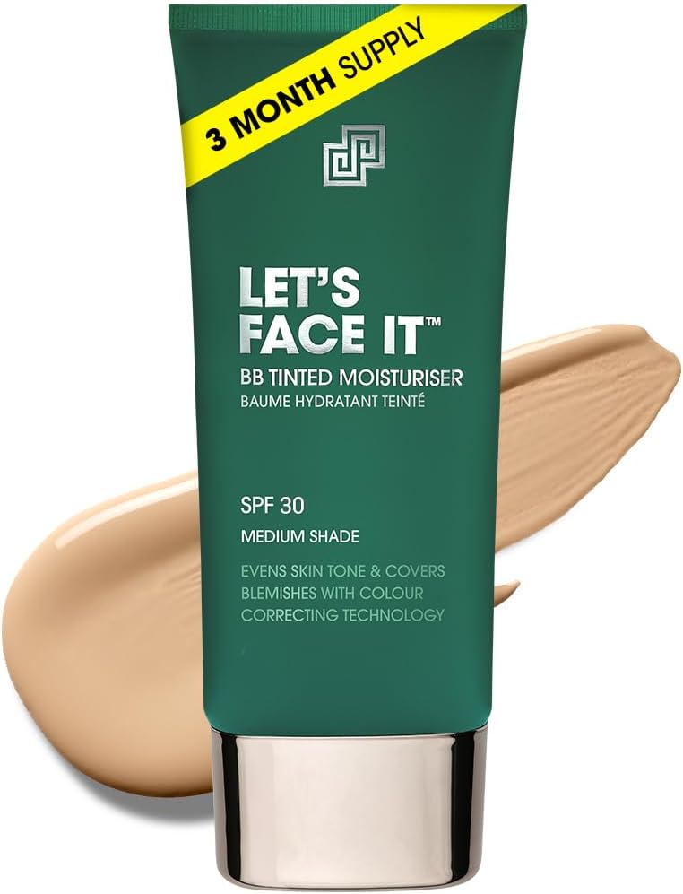 Shakeup Cosmetics Mens BB Tinted Moisturiser, Vegan Makeup for Men, Natural Coverage for Redness & Blemishes, 24hr Moisturisation with SPF, Easy Application, Medium Shade, 50ml. Aka. LET'S FACE IT