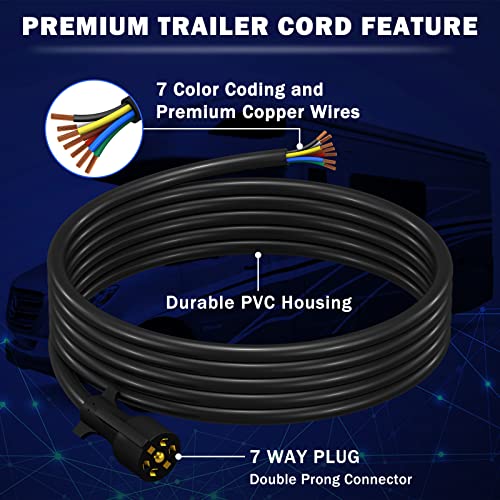 Image of CheeMuii 15 FT Trailer Cord Heavy Duty 7 Way Trailer Wiring Harness Kit 7 Pin Trailer Plug Inline Wire Harness Cable for Trailers RVs Campers