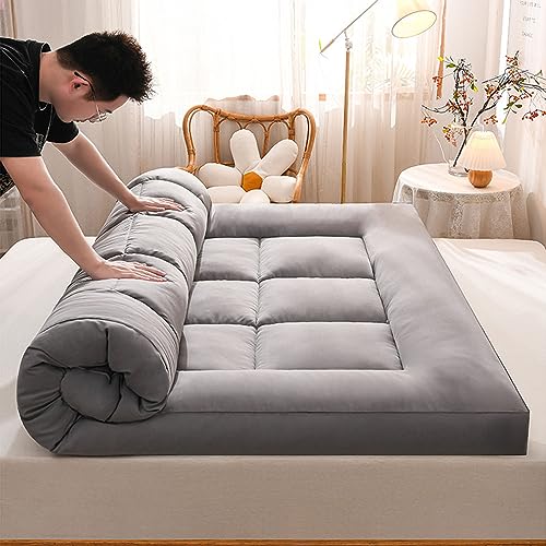 Colchón futón japonés Plegable, Grueso, para Cama Doble o Individual, con Cubierta de Tatami para Invitados, Blanco y Gris, 180 x 200 cm (Gris 180 x 200 cm)