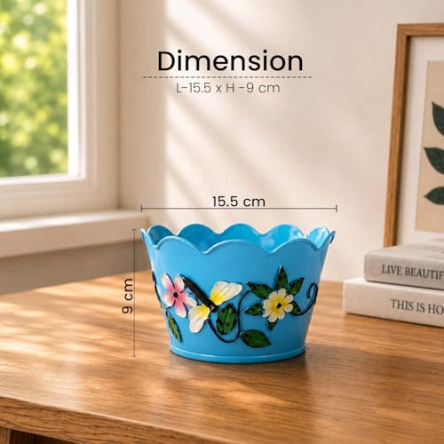 Image of Go Hooked Metal Flower Pot Planter (Pack of 3, 6 Inch) | Decorative Blue Indoor Outdoor Plant Pot with Floral Embossed Design | Round Planter for Home Balcony Garden Decor