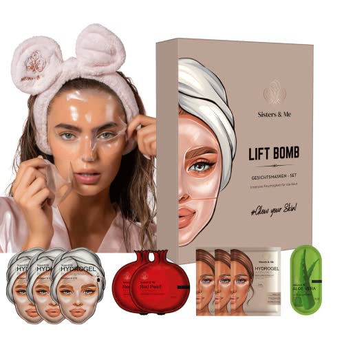 Gesichtsmasken Beauty Set von Sisters & Me Lifting Effekt 9 x reichhaltige Masken Beauty inkl. hochdosierte Augenpads gegen Augenringe, Tuchmasken und Hydrogel Masken für ein ebenmäßiges Hautbild Cover