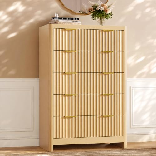Image of Natural Oak Dresser with 5 Deep Drawers, 47 inch Tall Fluted Chest of Drawers, Round Edge, Modern Vertical Dresser, Wooden Storage Organizer Cabinet for Bedroom, Living Room, Entryway, Hallway