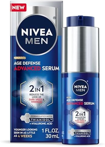 NIVEA MEN Age Defense Advanced Face Serum for Dark Spots with Thiamidol (TM) + Hyaluronic Acid, Fast-Absorbing Face Serum for Men Helps Reduce Look of Dark Spots, Fine Lines & Wrinkles, 1 Fl Oz Bottle