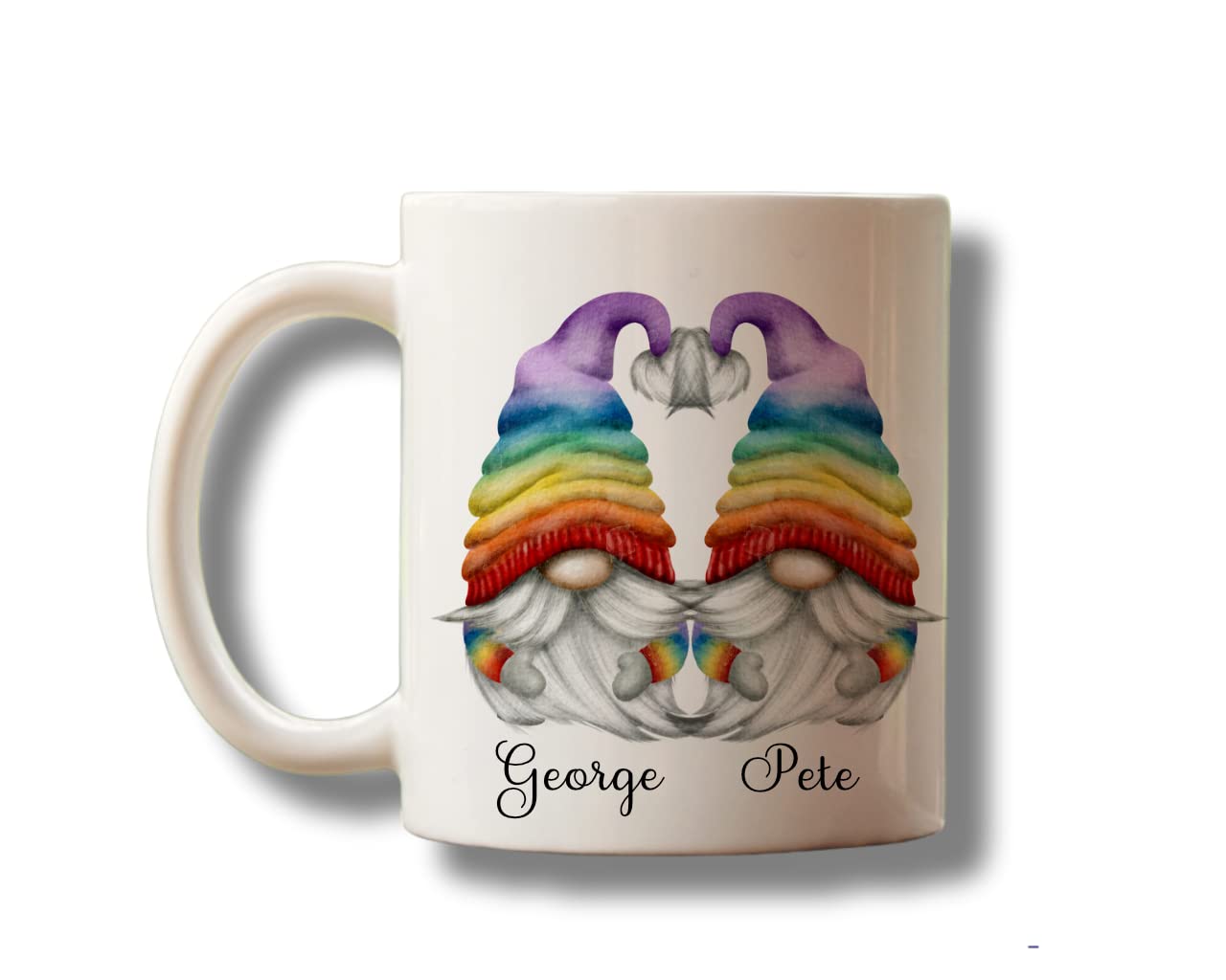 Personalised LGBTQ+ Gay couple Mug with Rainbow Gnomes Gonks and your names perfect Valentine birthday Christmas present gift pink blue grey boy male couples gnome mug