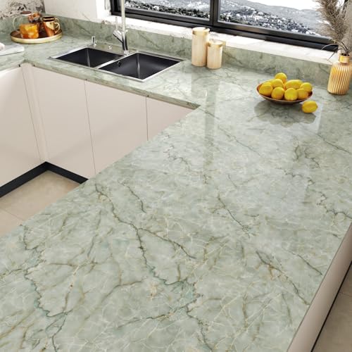Yullpaper Glossy Sage Green Marble Countertop Wallpaper Peel and Stick Light Green Granite Contact Paper for Cabinets Desk Vinyl Olive Marble Contact Paper for Counter Top Covers Waterproof 15.7×200"