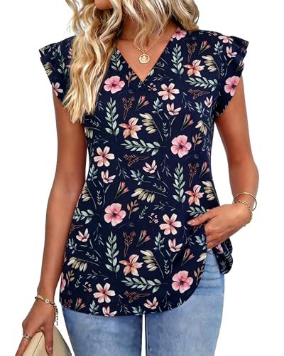 IEEILULU Flutter Sleeve Tops for Women Casual V Neck Floral Print Blouse Summer Sleeveless Ruffle Tunic Shirts Navy Blue XL — view 4