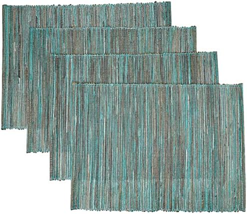 SARO LIFESTYLE Shimmering Woven Nubby Placemat, 14 x 20 Inch, Oblong, Turquoise Silver, Set of 4
