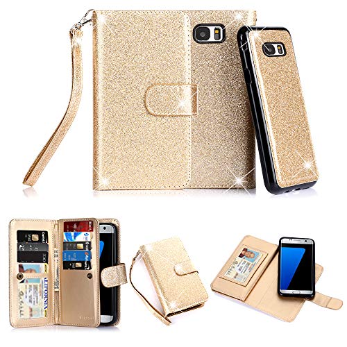 Galaxy S7 Edge Case, TabPow 10 Card Slot - [ID Slot] Wallet Folio PU Leather Case Cover with Detachable Magnetic Hard Case for Samsung Galaxy S7 Edge Case, Glitter Gold
