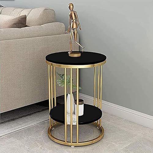 Image of Wooden top and Metal Frame end Table, Modern Elegant Design, Metal Round Coffee Table with Extra Shelf for Living Room and Bedroom, Small Space Side Table (Black & Gold)