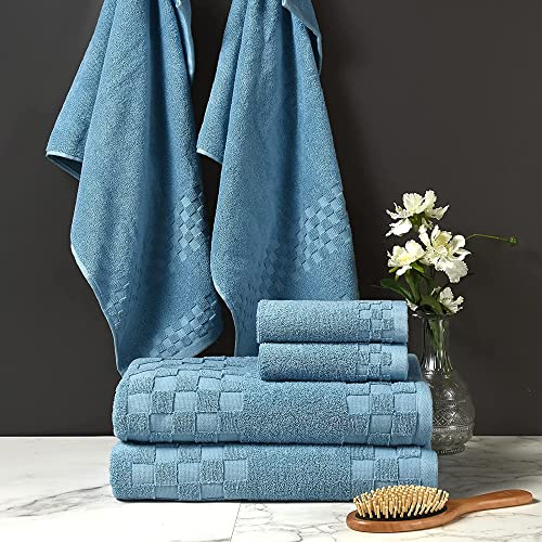 Image of Sulfar 100% Combed Cotton, 6 Pcs Towel Set - 2 Bath Towels (70 x 140 cm), 2 Hand Towels (40 x 70 cm) and 2 Face (30 x 30 cm) (600 GSM, Pack of 6) Nile Blue