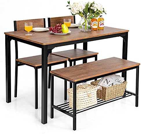 Giantex Dining Table Set for 4, Kitchen Table with Bench and Chairs, Industrial Gathering Bench Dining Set W/Metal Frame & Storage Rack, Dinette Set, Modern Functional Desk Set (Teak)