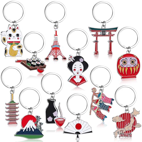 Landical 12 Pcs Japan Souvenirs Keychains Set Metal Japanese Souvenirs Travel Gift with Sushi Lucky Cat Tokyo Tower Mount Fuji Japan Gifts for Traveler Birthday Accessories Party Favors