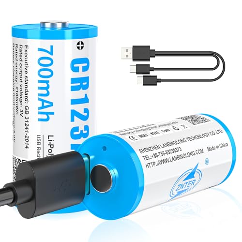 CR123A 3V Lithium Batterie, 2 Stück 3V Wiederaufladbare USB Lithium Akku, bis zu 3000 Zyklen mit USB-C-Ladeanschluss, Schnellladung in 2 Stunden, 123A Batterie 700mAh für Türschloss Fingerabdruck etc.