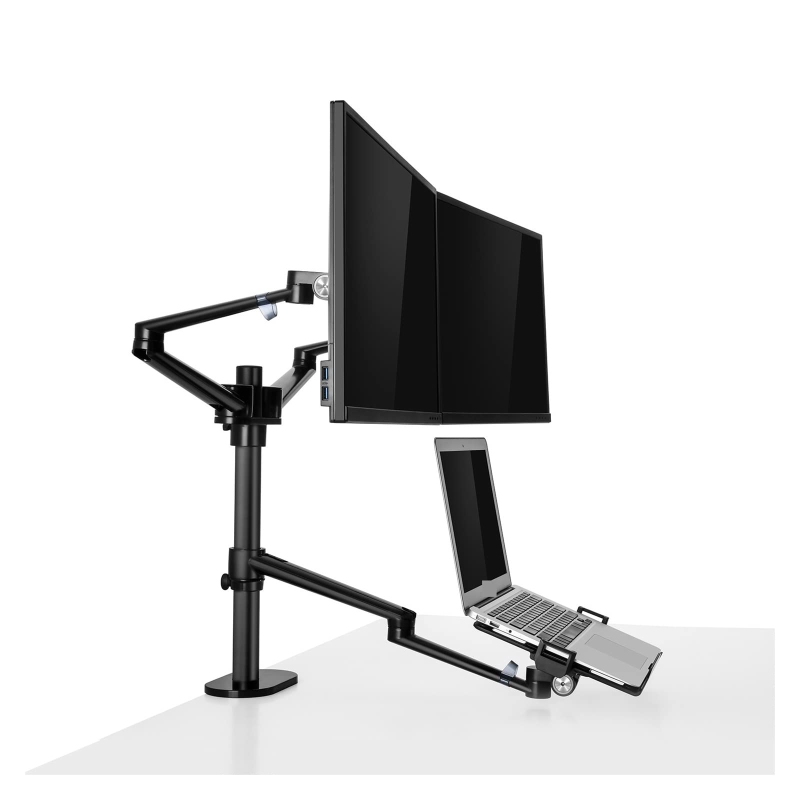 Soporte de Monitor Dual Escritorio 17-32 Pulgadas con Ajuste Altura Aluminio + Soporte for computadora portátil 12-17 Brazo Montaje Triple Movimiento Completo(Silver)