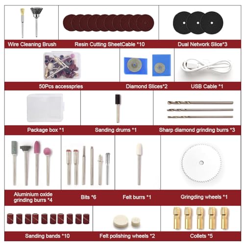 Image of Verilux 50Pcs USB Rechargeable Rotary Tool Kit, 3.7V Cordless Mini Drill Machine with LED Light, 5-Speed Adjustable Motor for DIY Engraving, Polishing & Soft Material Drilling, for Home Crafting, Red