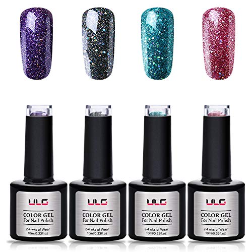 Gel Nail Polish Autumn Fall Winter Set-ULG 4 Glitter Color Long Wear UV LED Soak Off Gel Polish Set Manicure Kit for Spring 10ml 0.33oz