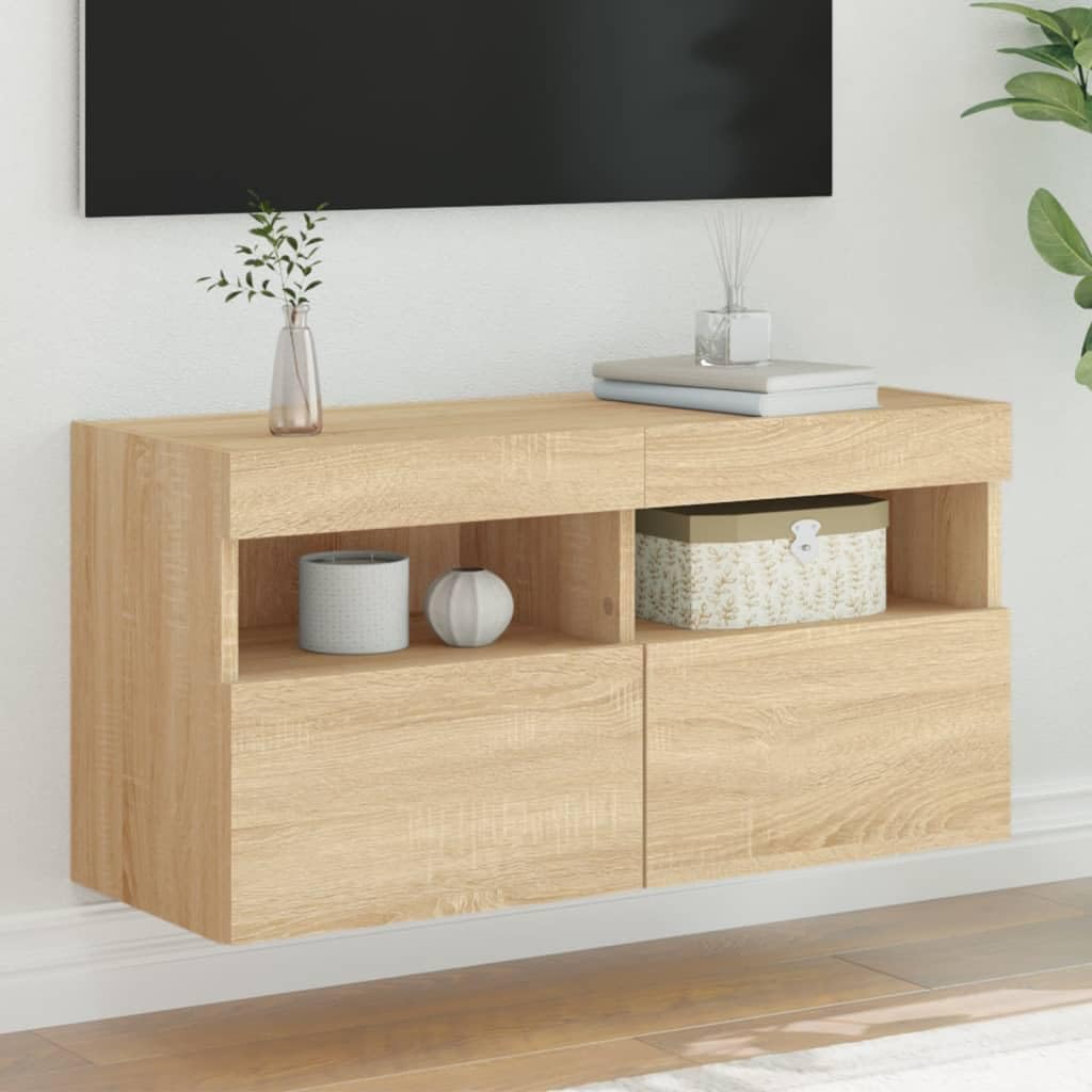 vidaXL Meuble TV Mural avec Lumières LED, Armoire de Télévision Suspendue, Meuble Télé Flottant, Moderne, Chêne Sonoma Bois d'Ingénierie