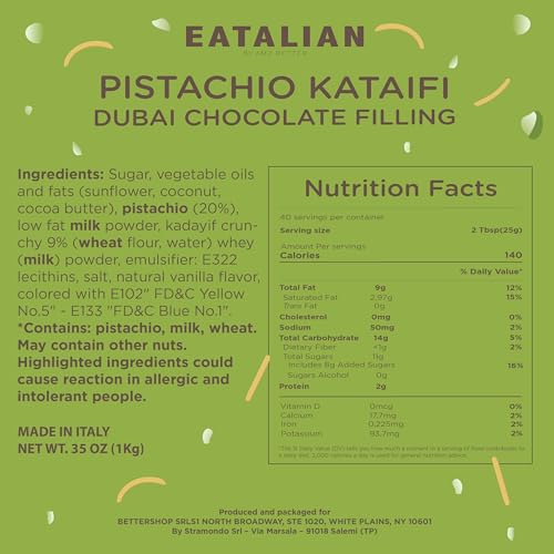 Image of EATALIAN by AMZ BETTER Pistachio Cream with Kataifi, 2.2 lb /1000 g, Delicious Spreadable with a Sweet and Unique Taste, Ideal on Bread and with Ice Cream, Excellent for Dubai Chocolate, Made in Italy