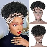 LEOSA Curly Wig for Black Women,Headband Wig Wrap Wig 2 in 1 Afro Wig Wraps Short Natural Black Synthetic Curly Wig Drawstring Curly Full Turban Wigs with Hairband Wrap Wigs for Black Women