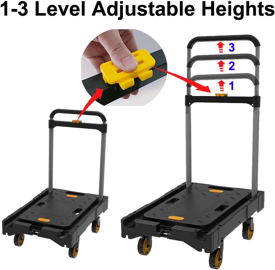 Folding Platform Hand Truck Push Cart Foldable Dolly Cart Portable Trolley 300lb Heavy Load Capacity, Adjustable Handle with Swivel Wheels for Garage Garden Home Office Travel Shopping Use