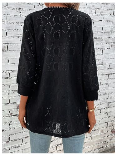 Image of MakeMeChic Women's Open Front Cardigan Sweater Hollow Out 3 /4 Sleeve Cardigan Black Small