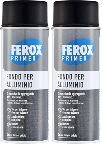 FEROX Fondo per Alluminio 400 ml, Fondo Aggrappante per Verniciatura, Colore Grigio, Primer Superfici Interno/Esterno, Primer per Alluminio, Rapida Essicazione, Lunga Durata (Confezione da 2)