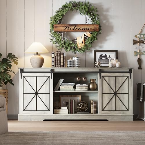 Image of Farmhouse TV Stand for 65 /60 /55 Inch Tvs, Rustic Entertainment Center with Storage Cabinets & Sliding Barn Doors, Modern Media Console Table, Wood Television Furniture for Living Room, Bedroom, Grey