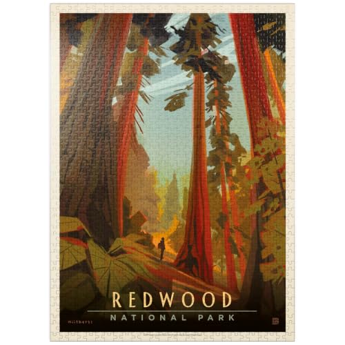 MyPuzzle Redwood National Park: Whispering Wind, Vintage Poster - Premium 1000 Piece Jigsaw Puzzle for Adults