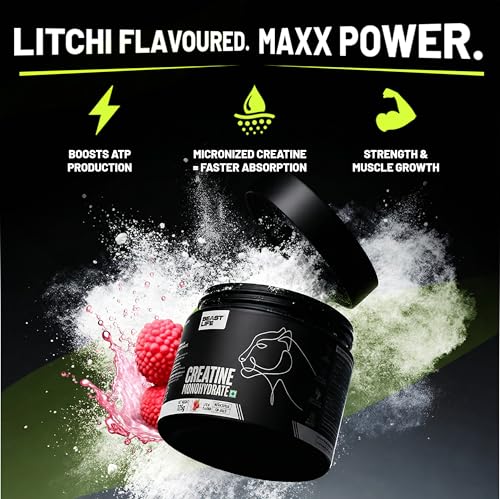 Image of BeastLife Micronised Creatine Monohydrate with Free Shaker | 125g | 33 Servings | Litchi | NABL Lab Tested | Rapid Absorption for Muscle Strength & Athletic Performance | Super Micronised Creatine Powder