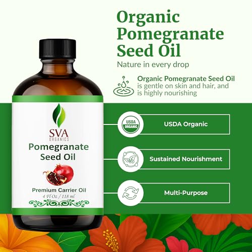 Image of SVA Organic Pomegranate Seed Carrier Oil with Dropper, 4 Fl Oz (118 ml) | Pomegranate Seed Oil for Face, Facial Oil, Skin, Hair, Body Oil, Body Massage, Nail Care & DIY Beauty Blends in Glass Bottle