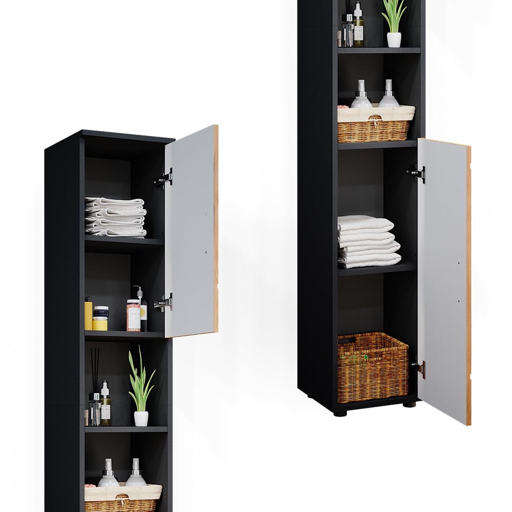 Vicco Meuble Salle de Bain Irma, Chêne doré/Anthracite, 30x192cm | pour le rangement des accessoires de salle de bain et compatible avec la série Irma