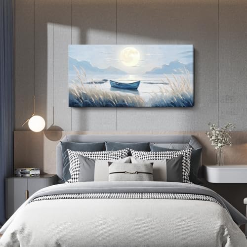 Oversized Large Living Room Wall Art, Blue Wall Decor for Bedroom, Modern Nautical Ocean Beach Seascape Nature Picture Sailboat Moon Lake Mountain Canvas Print Relaxing Serene Coastal Rustic Artwork - Thumbnail 7