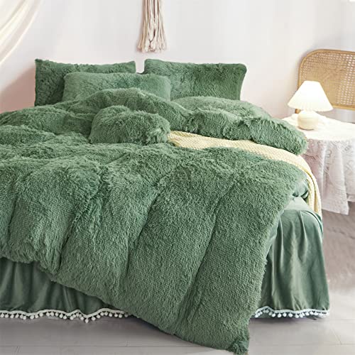 Haihua Fluffy Sage Green Comforter Cover Set Queen，Faux Fur Green Bedding 3 Pieces(1 Plush Queen Duvet Cover +2 Faux Fur Pillowcases) Girls Bed Set (Sage Green, Queen) #TOP4
