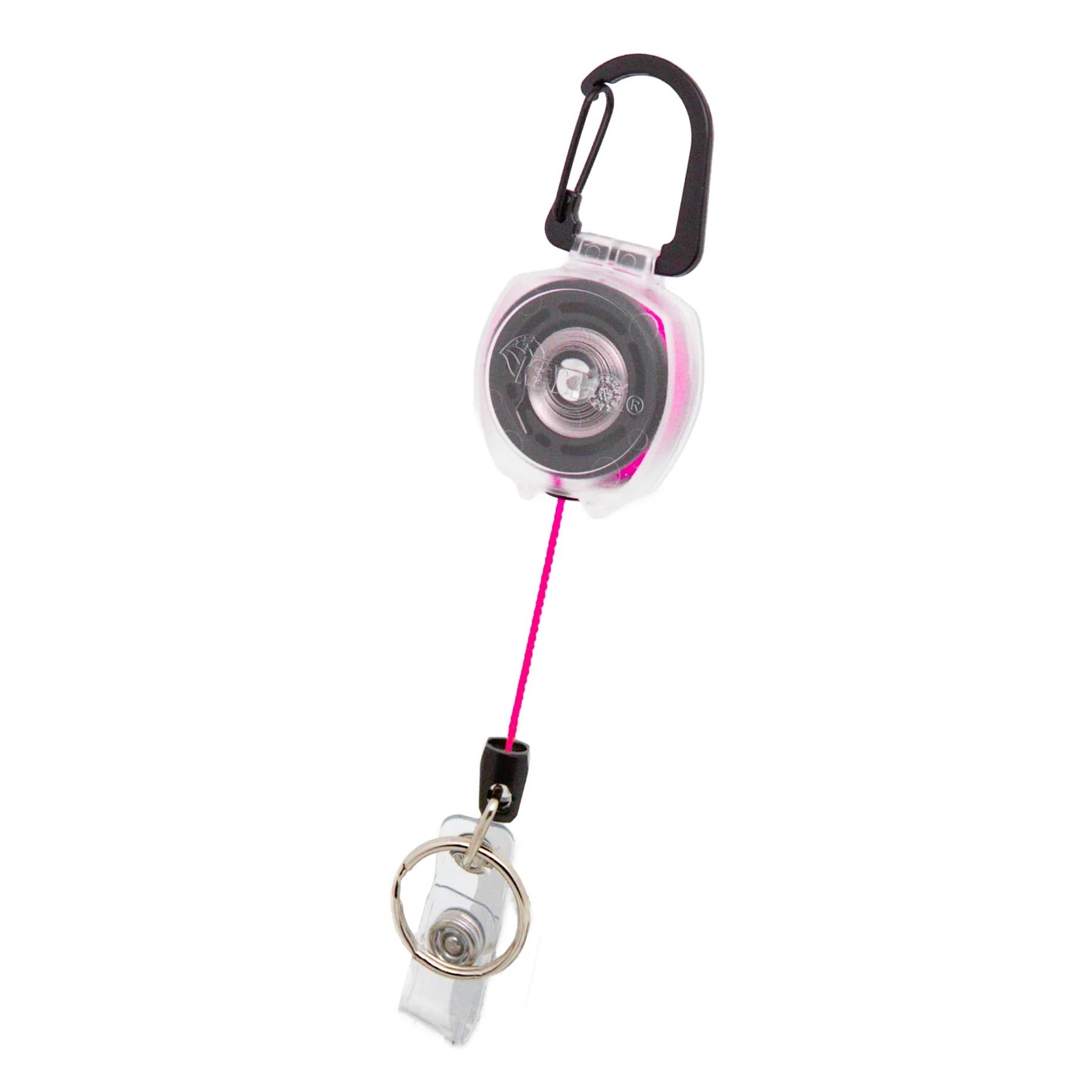 KEY-BAK Clear Sidekick Retractable Carabiner Keychain with Color Cord & Badge Strap – Holds Up to 5 Keys (Pink)