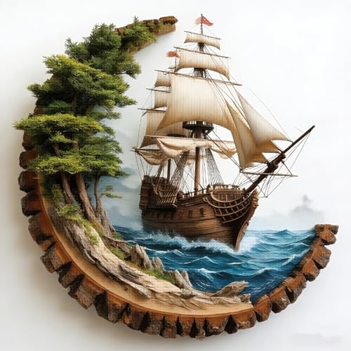 Image of KYOQFVN Sailboat Stamped Cross Stitch Kits, Ocean Sail Boat Needlepoint Counted Cross Stitch Kits for Beginners Adults, Patterns Dimensions Needlecrafts Embroidery Kits Arts and Crafts 14x14 Inch