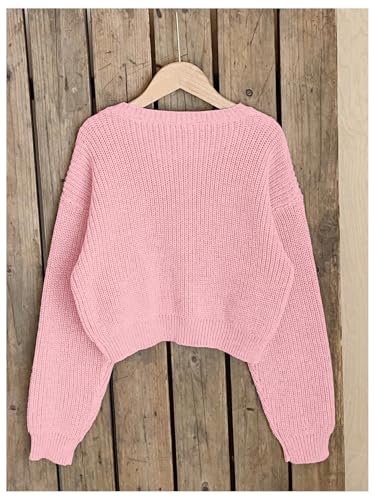Image of BEAUDRM Girl's Cute Bow Sweater Crew Neck Long Sleeve Drop Shoulder Loose Pullover Tops