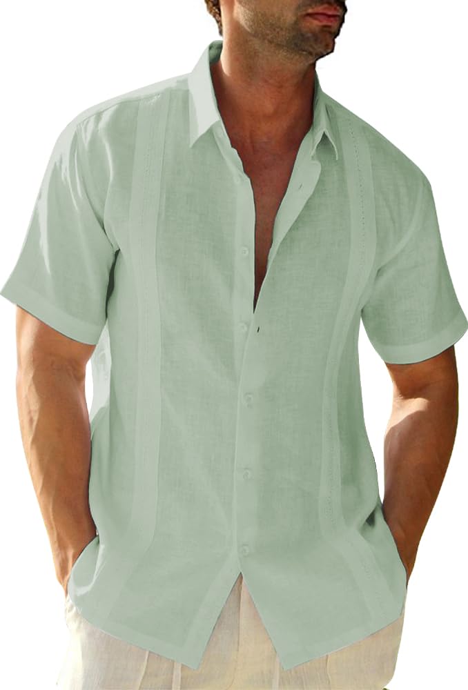 Friptspyg Hombre Camisa de Lino para Manga Corta Estilo Casual y Ajuste Regular Fit Cubana Camp Guayabera Camisa de Verano