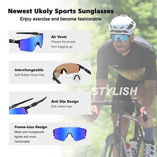Ukoly Cycling Sunglasses for Men & Women - 3 Interchangeable Lenses, Polarized Sports & Baseball Sunglasses
