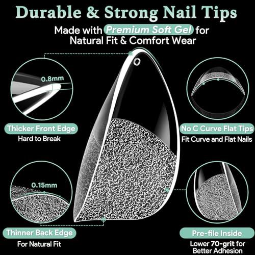 Image of Leykosh 540 Pcs Extra Short Almond False Nail Tips, 15 Sizes with Half Sizes, 70-Grit Pre-shaped Half Matte Soft Clear Acrylic Press Ons, Full Cover Fake Nails for Salon Manicure, Extensions & DIY
