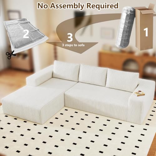 Image of 96 inch Modular Sectional Couch, Boneless L Shaped Cloud Sofa with Chaise Lounge, Corduroy Upholstered Couches Memory Foam Deep Seat, No Assembly Required, Ideal for Living Room(White, Left Facing)