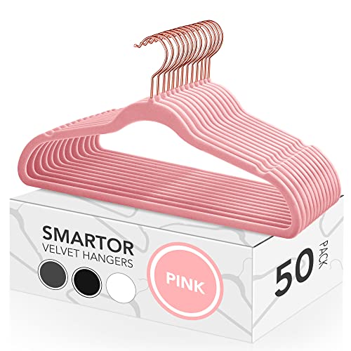 Smartor Rose Pink Velvet Hangers 50 Pack Felt Hangers Non Slip Rose Gold Hook Flocked Hangers Heavy Duty Adult Hanger For Coat, Suit #TOP27