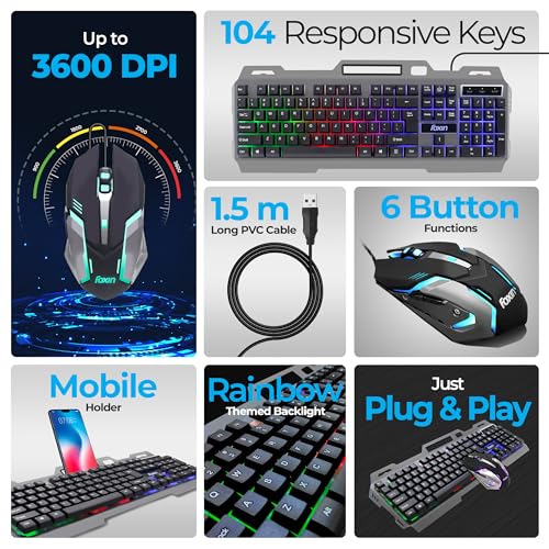 Image of FOXIN Thunder Gaming Keyboard and Mouse Combo | Rainbow Backlit Membrane Keyboard (104 Keys) with Phone Holder | 3600 DPI | 6 Button Mouse | Metal Body | Wired Gaming Combo for PC & Laptop
