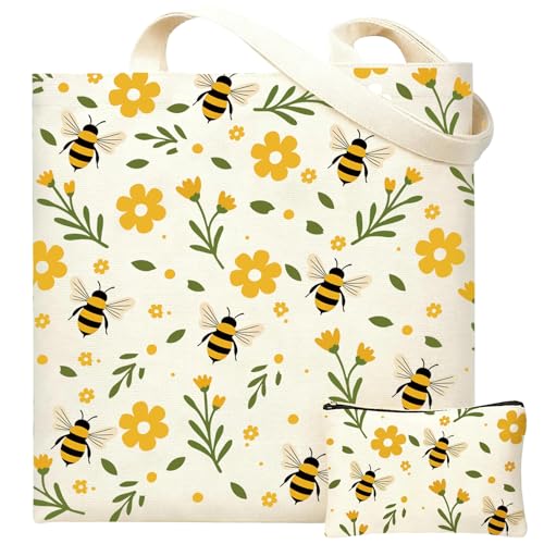 DHQH Canvas Aesthetic Tote Bag for Women, Cute Reusable Printed Cloth Bags with Makeup Bag for Shopping Grocery Travel Beach